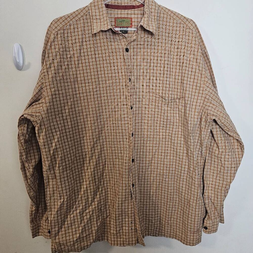 Horny Toad Men’s button down shirt Check Plaid Brown Yellow 100% Cotton Casual X